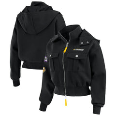 Minnesota Vikings WEAR by Erin Andrews Women's Tri-Blend Patch Pocket Cropped Full-Zip Bomber Hoodie Jacket Black
