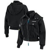 Jacksonville Jaguars WEAR by Erin Andrews Women's Tri-Blend Patch Pocket Cropped Full-Zip Bomber Hoodie Jacket Black