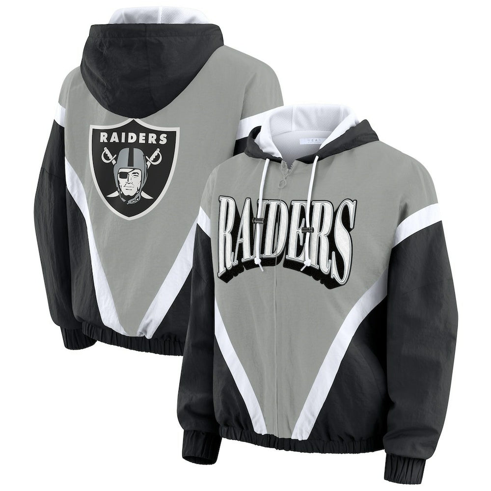 Las Vegas Raiders WEAR by Erin Andrews Women's Retro Crinkle Full-Zip Hoodie Windbreaker Black/Silver