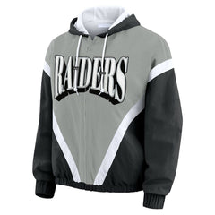 Las Vegas Raiders WEAR by Erin Andrews Women's Retro Crinkle Full-Zip Hoodie Windbreaker Black/Silver