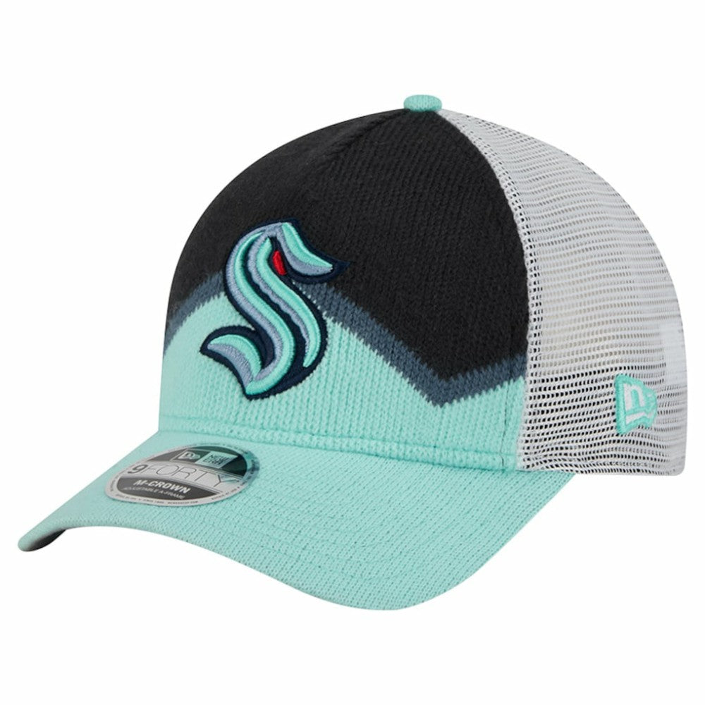 NHL Seattle Kraken New Era Hockey Sock 9FORTY A-Frame M-Crown Adjustable Trucker Hat - Light Blue/Deep Sea Blue