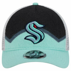NHL Seattle Kraken New Era Hockey Sock 9FORTY A-Frame M-Crown Adjustable Trucker Hat - Light Blue/Deep Sea Blue