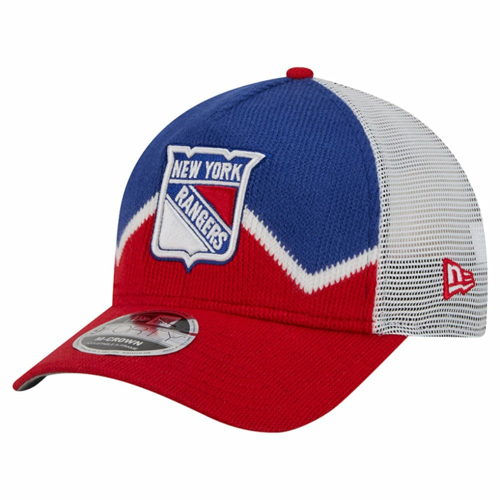 NHL New York Rangers New Era Hockey Sock 9FORTY A-Frame M-Crown Adjustable Trucker Hat - Red/Blue