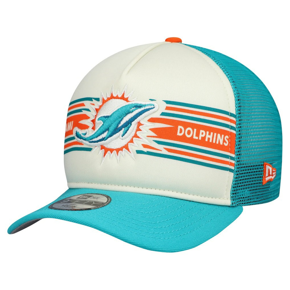 Miami Dolphins New Era Youth Banner 9FIFTY A-Frame Adjustable Trucker Hat Cream/Aqua
