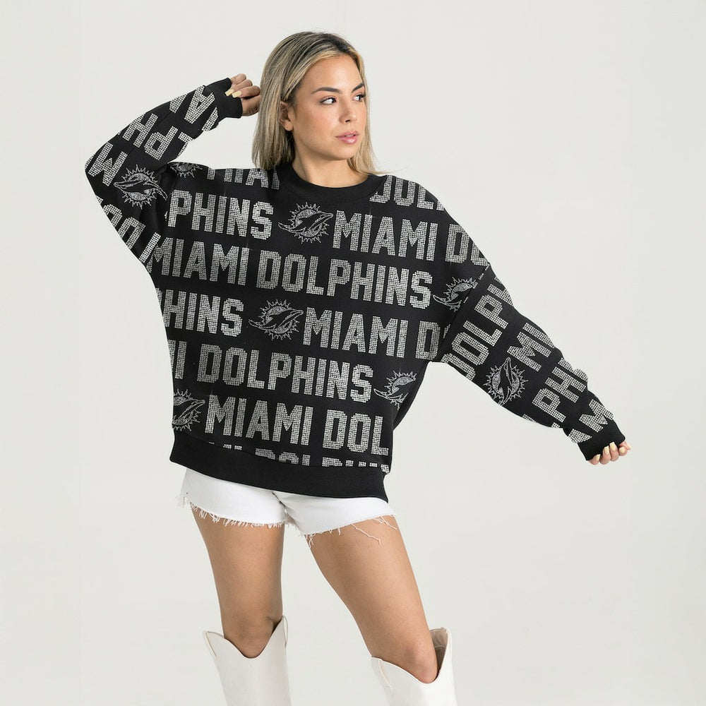 Miami Dolphins Gameday Couture Women's Oversized Hype Era Rhinestone Text Sweatshirt Black