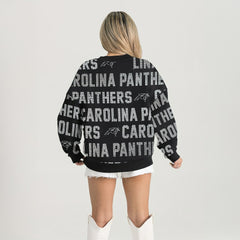 Carolina Panthers Gameday Couture Women's Oversized Hype Era Rhinestone Text Sweatshirt Black