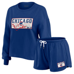 Chicago Cubs WEAR by Erin Andrews Women's Heavy Rugby Jersey Cropped Long Sleeve T-Shirt & Shorts Lounge Set - Royal Jerseys