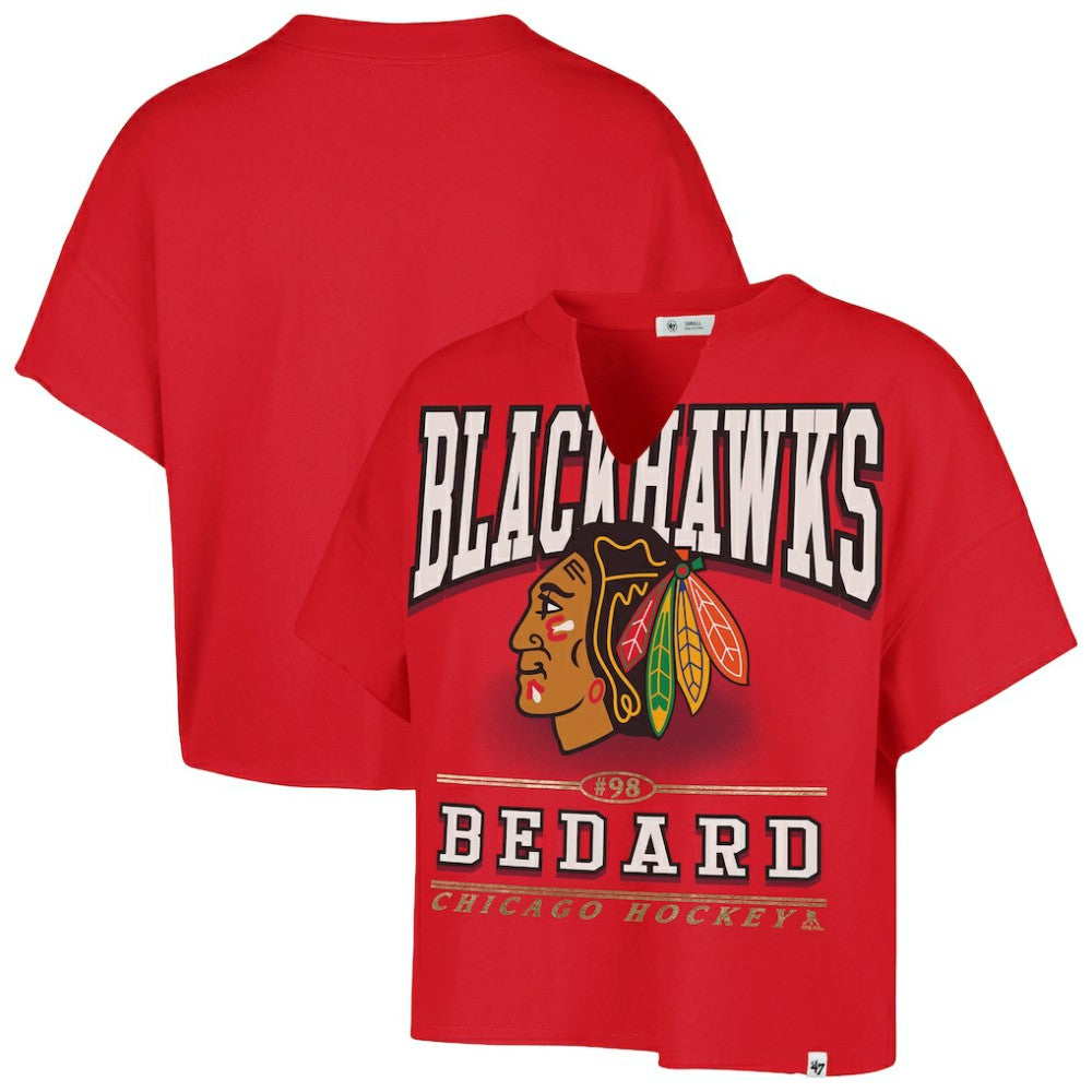 NHL Connor Bedard Chicago Blackhawks '47 Women's Elation Name & Number Oversized Notch Neck T-Shirt - Red