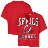 NHL Jack Hughes New Jersey Devils '47 Women's Elation Name & Number Oversized Notch Neck T-Shirt - Red