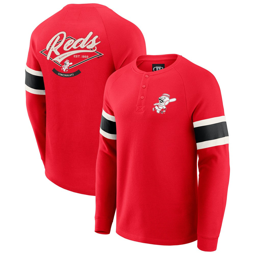Cincinnati Reds Darius Rucker Collection by Fanatics Waffle-Knit Raglan Long Sleeve Henley T-Shirt - Red T-shirts