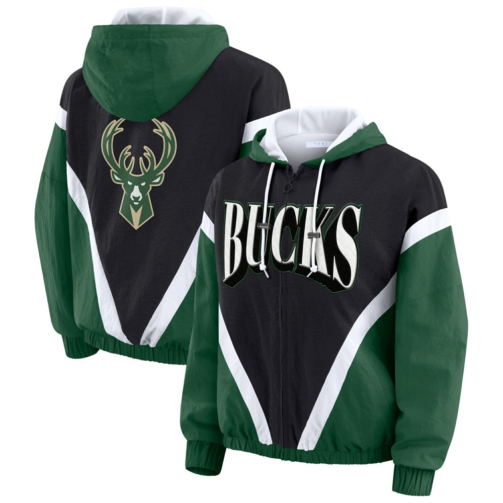 Milwaukee Bucks WEAR by Erin Andrews Women's Colorblock Full-Zip Hoodie Windbreaker Jacket Black/Hunter Green