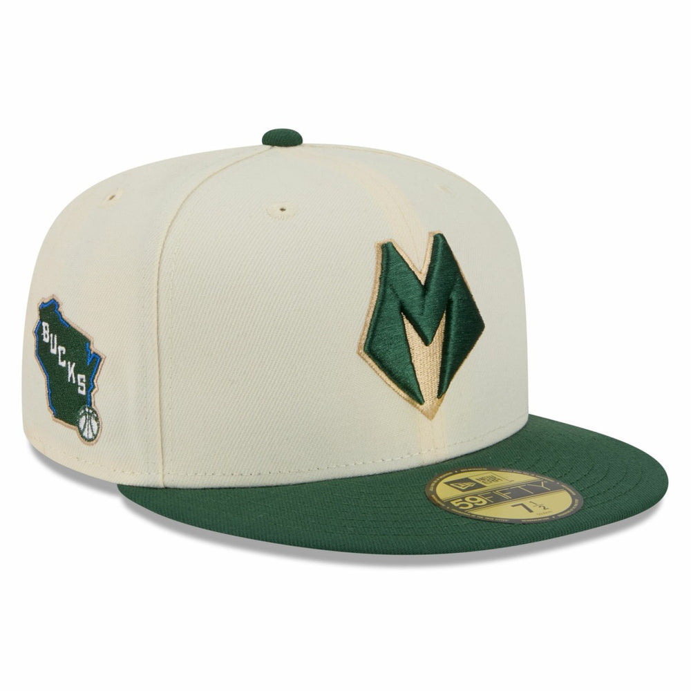 Milwaukee Bucks 2025/26 City Edition 59FIFTY Fitted Hat Cream/Hunter Green