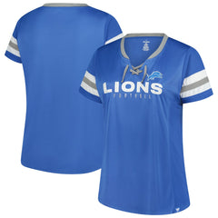 Detroit Lions Women's Plus Size Rhinestone Redzone Athena Lace-Up Notch Neck T-Shirt Blue