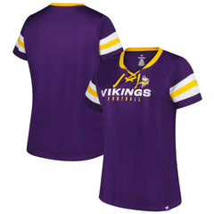 Minnesota Vikings Women's Plus Size Rhinestone Redzone Athena Lace-Up Notch Neck T-Shirt Purple
