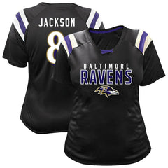Lamar Jackson Baltimore Ravens Women's Plus Size Name & Number Raglan Lace V-Neck T-Shirt Black