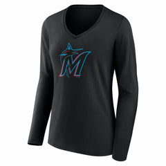 Miami Marlins Women's Logo Long Sleeve V-Neck T-Shirt - Black T-shirts