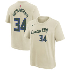 Giannis Antetokounmpo Milwaukee Bucks Youth 2025/26 City Edition Name & Number T-Shirt Cream
