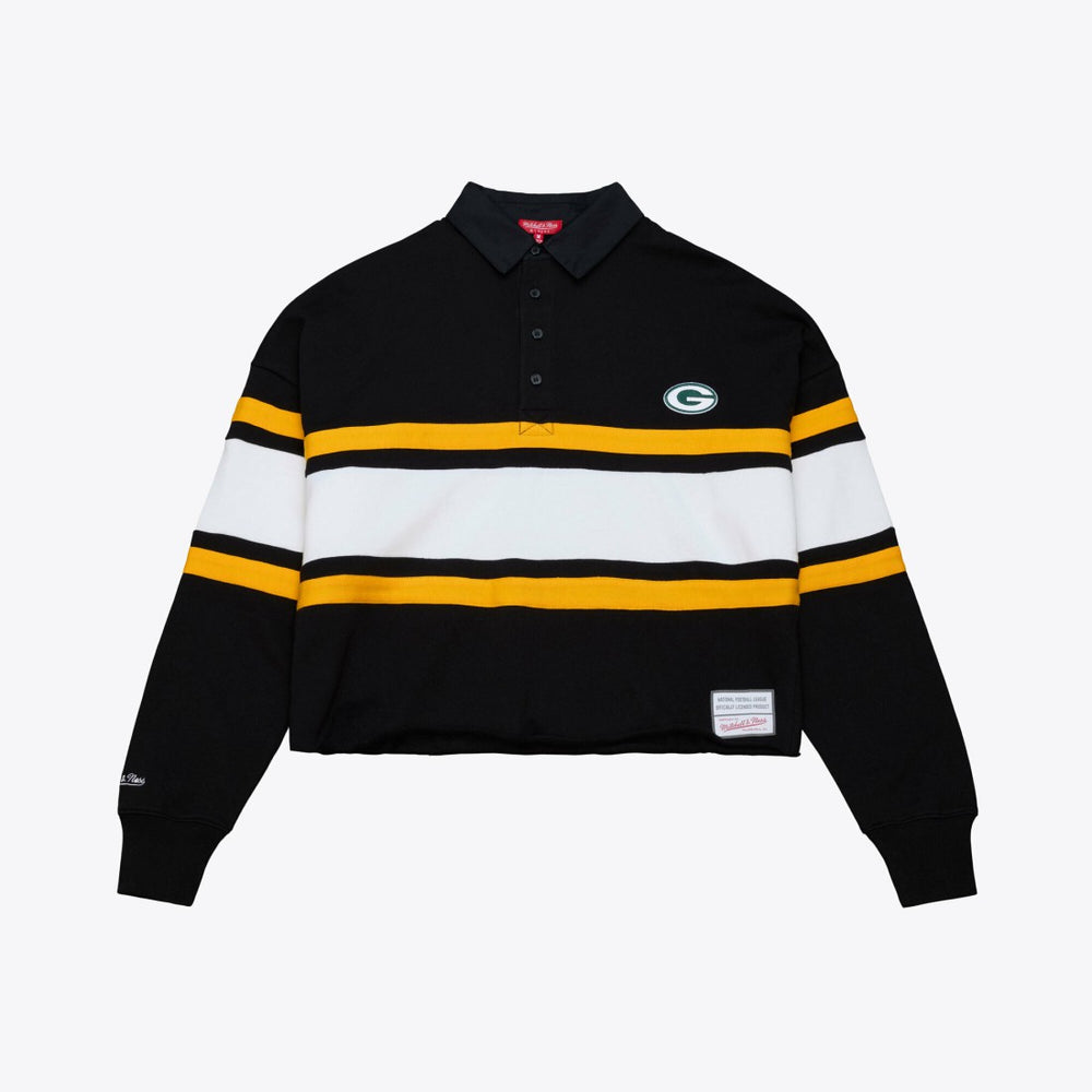 Green Bay Packers Women's Cropped Long Sleeve Rugby Polo Black