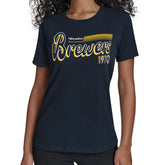 Milwaukee Brewers Starter Women's Groovy Script Team Fitted T-Shirt - Navy T-shirts