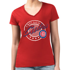 Chicago Cubs G-III 4Her by Carl Banks Women's Super-Slim Fit Lightweight Pinstripe Circle V-Neck T-Shirt - Red T-shirts