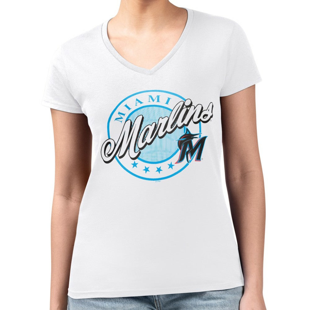 Miami Marlins G-III 4Her by Carl Banks Women's Super-Slim Fit Lightweight Pinstripe Circle V-Neck T-Shirt - White T-shirts
