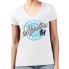 Miami Marlins G-III 4Her by Carl Banks Women's Super-Slim Fit Lightweight Pinstripe Circle V-Neck T-Shirt - White T-shirts