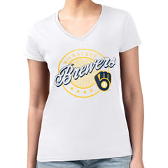 Milwaukee Brewers G-III 4Her by Carl Banks Women's Super-Slim Fit Lightweight Pinstripe Circle V-Neck T-Shirt - White T-shirts