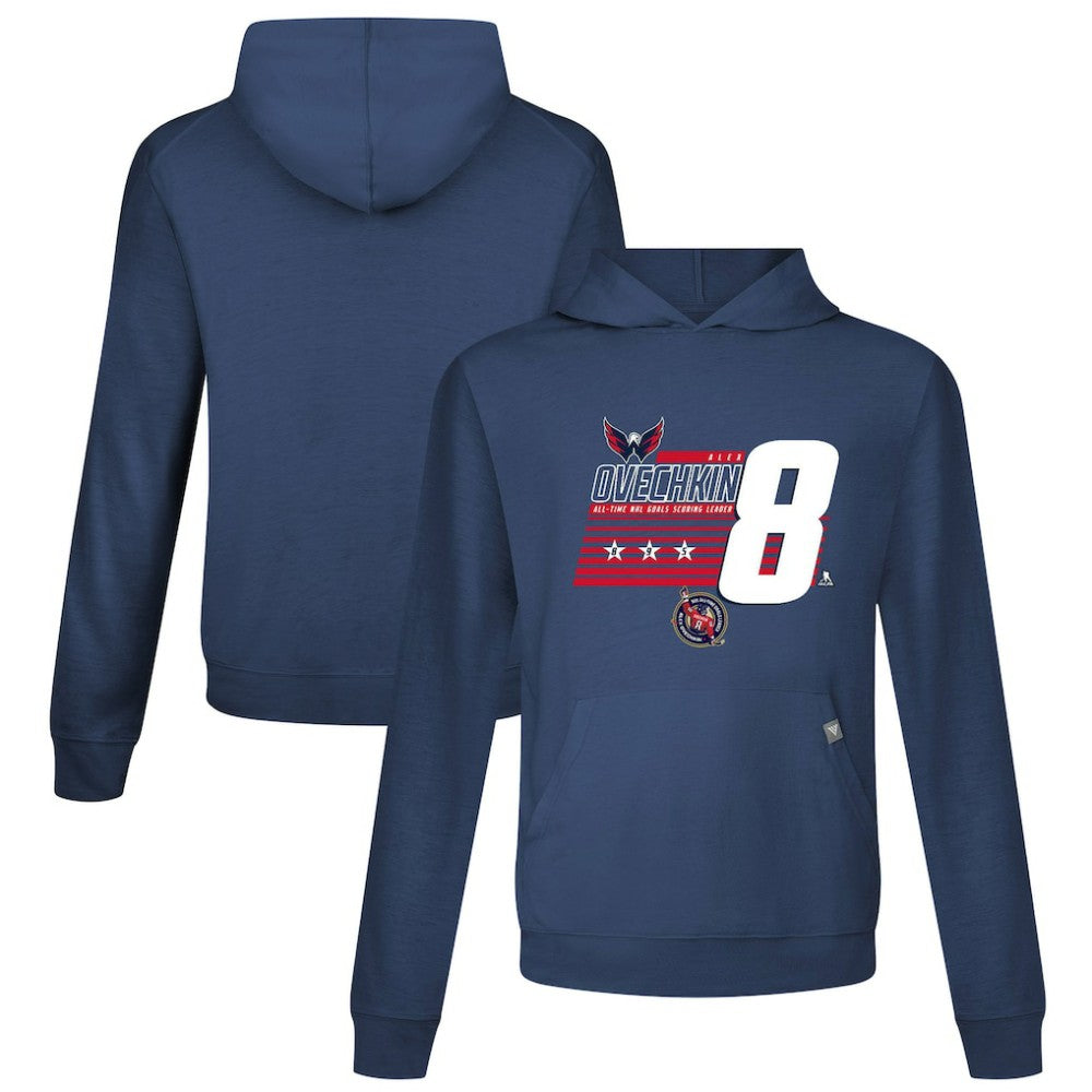 NHL Alexander Ovechkin Washington Capitals Levelwear NHL All-Time Leading Goal Scorer Milestone Stripes Name & Number Relay Pullover Hoodie - Navy