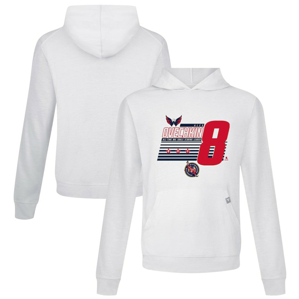 NHL Alexander Ovechkin Washington Capitals Levelwear NHL All-Time Leading Goal Scorer Milestone Stripes Name & Number Relay Pullover Hoodie - White