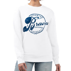 Atlanta Braves G-III 4Her by Carl Banks Women's Distressed Baseball Team Fleece Pullover Sweatshirt - White Pullover