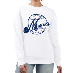 New York Mets G-III 4Her by Carl Banks Women's Distressed Baseball Team Fleece Pullover Sweatshirt - White Pullover
