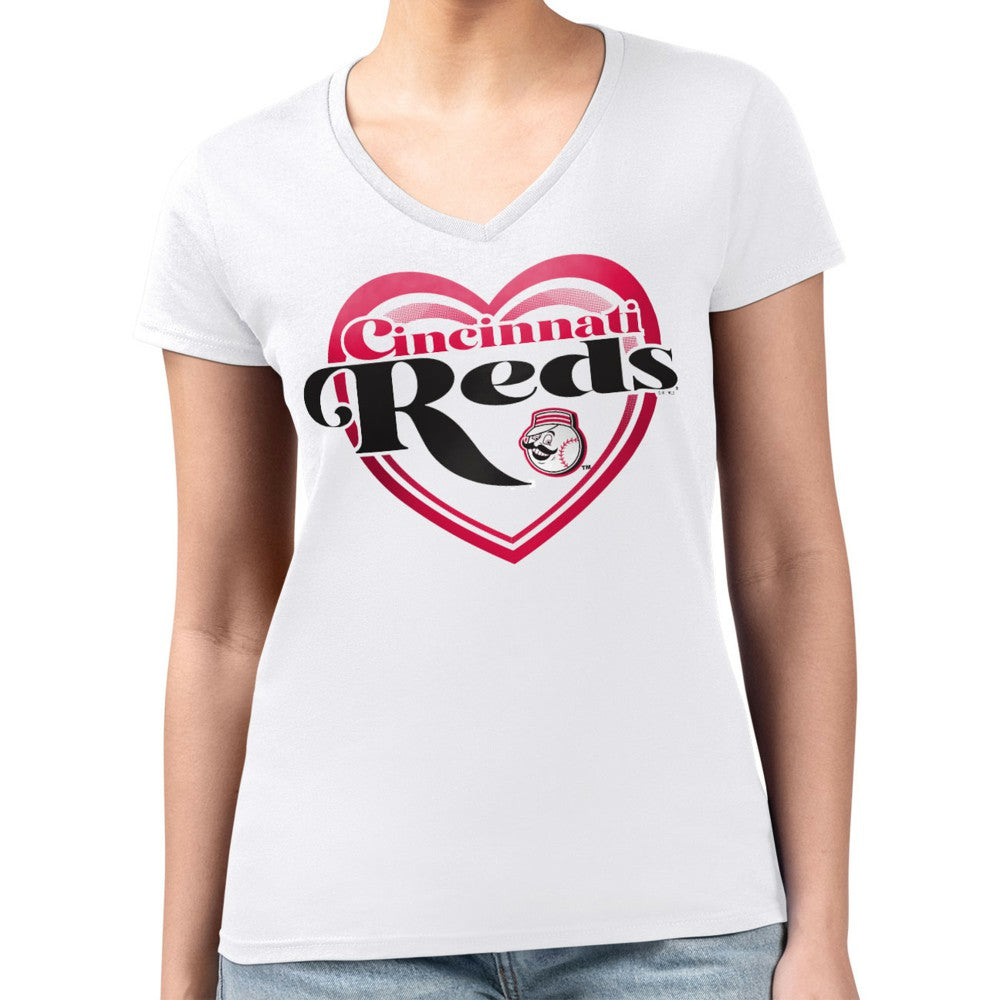 Cincinnati Reds G-III 4Her by Carl Banks Women's Super-Slim Fit Lightweight Double Heart V-Neck T-Shirt - White T-shirts