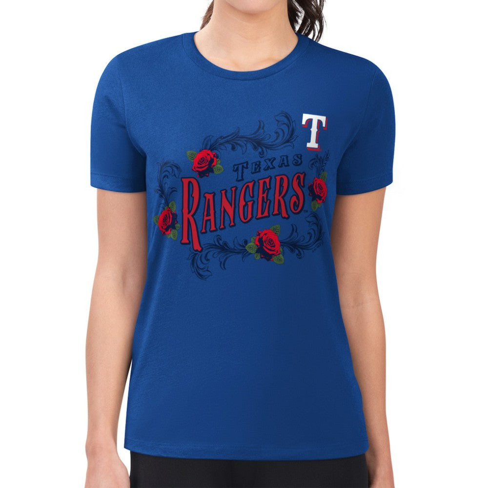 Texas Rangers G-III 4Her by Carl Banks Women's Super-Slim Fit Lightweight Retro Roses T-Shirt - Royal T-shirts