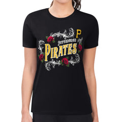 Pittsburgh Pirates G-III 4Her by Carl Banks Women's Super-Slim Fit Lightweight Retro Roses T-Shirt - Black T-shirts