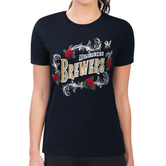 Milwaukee Brewers G-III 4Her by Carl Banks Women's Super-Slim Fit Lightweight Retro Roses T-Shirt - Navy T-shirts