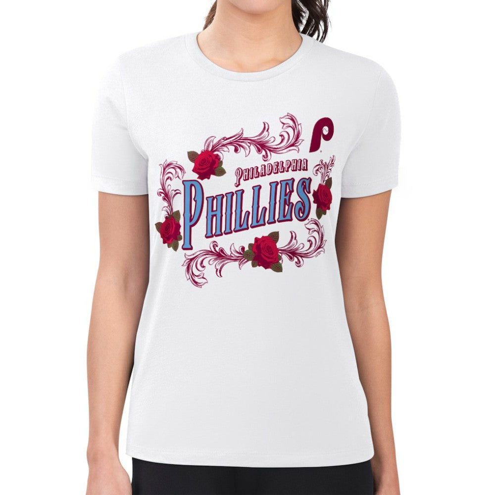 Philadelphia Phillies G-III 4Her by Carl Banks Women's Super-Slim Fit Lightweight Retro Roses T-Shirt - White T-shirts