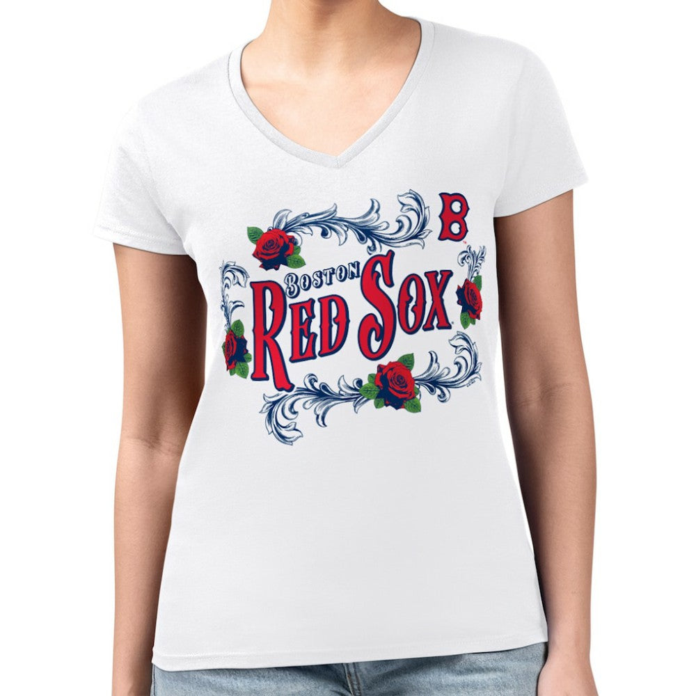 Boston Red Sox G-III 4Her by Carl Banks Women's Super-Slim Fit Lightweight Retro Roses V-Neck T-Shirt - White T-shirts