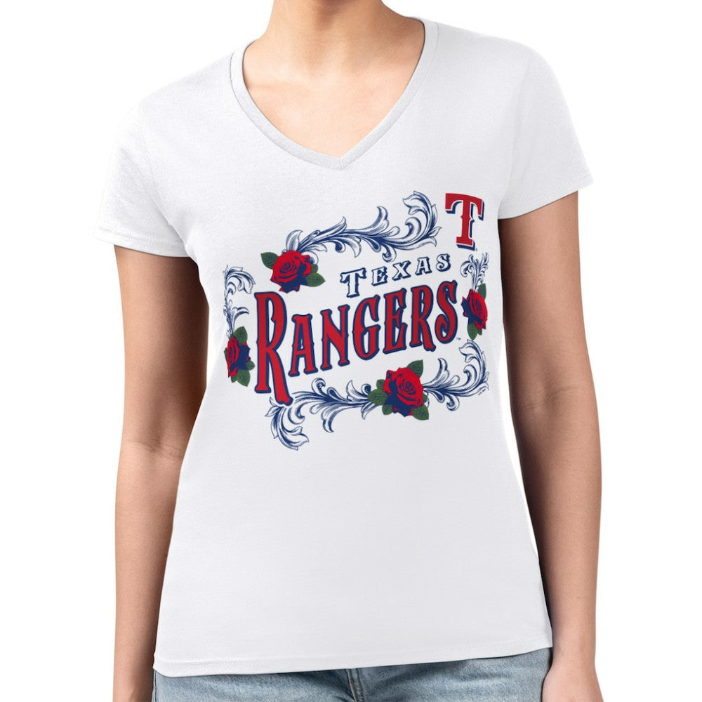 Texas Rangers G-III 4Her by Carl Banks Women's Super-Slim Fit Lightweight Retro Roses V-Neck T-Shirt - White T-shirts