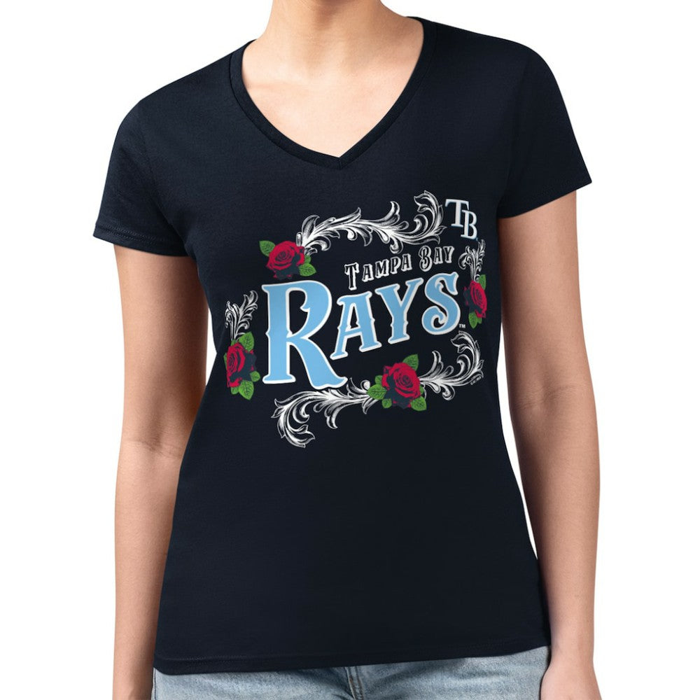 Tampa Bay Rays G-III 4Her by Carl Banks Women's Super-Slim Fit Lightweight Retro Roses V-Neck T-Shirt - Navy T-shirts