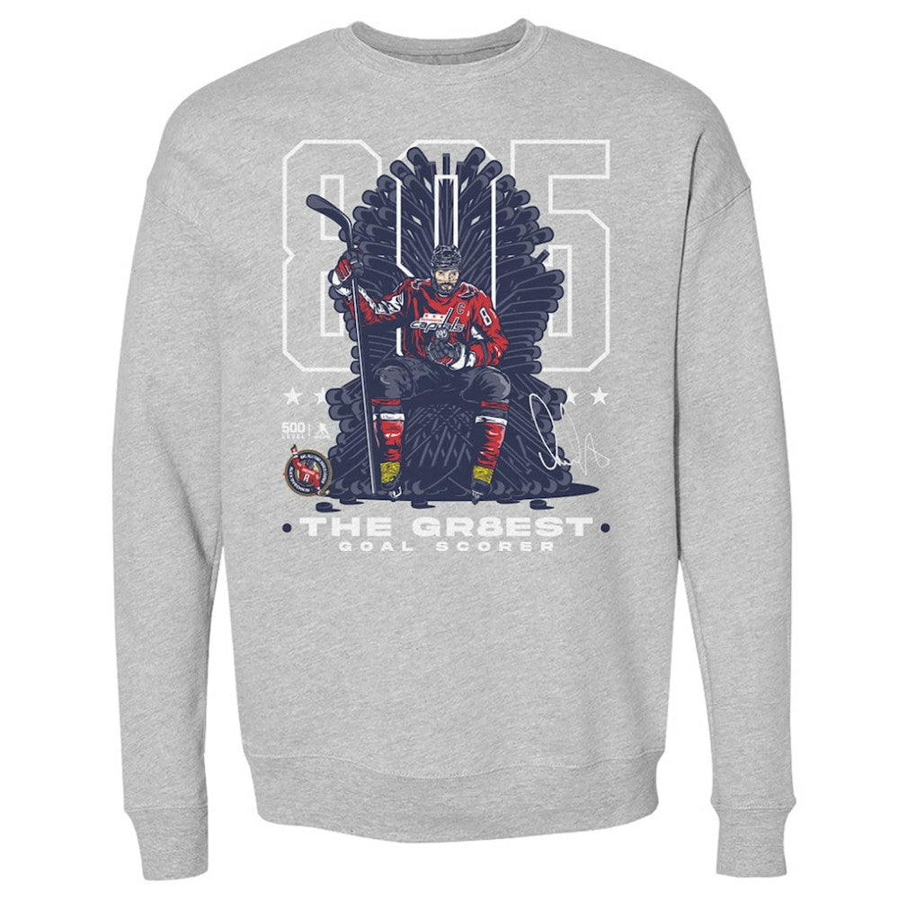 NHL Alexander Ovechkin Washington Capitals 500 Level NHL All-Time Leading Goal Scorer Throne Pullover Sweatshirt - Heather Gray