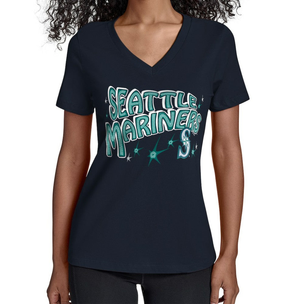 Seattle Mariners Starter Women's Fireworks V-Neck T-Shirt - Navy T-shirts