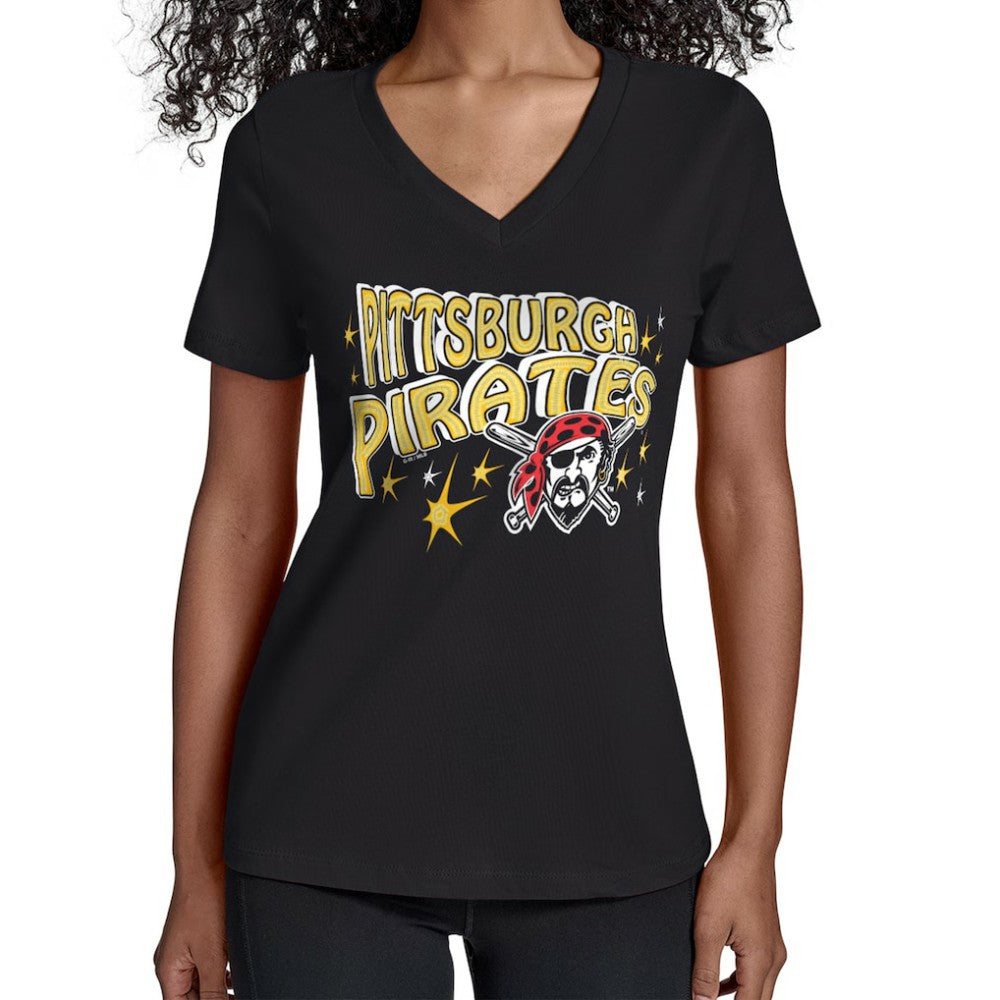 Pittsburgh Pirates Starter Women's Fireworks V-Neck T-Shirt - Black T-shirts