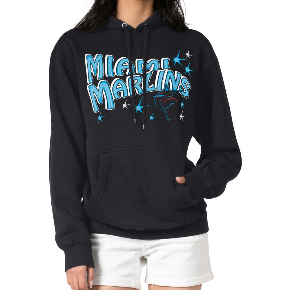 Miami Marlins Starter Women's Fireworks Fleece Tri-Blend Pullover Hoodie - Black Hoodies