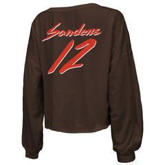 Shedeur Sanders Cleveland Browns Majestic Threads Women's Name & Number Off-Shoulder Script Cropped Long Sleeve Relaxed V-Neck T-Shirt Brown