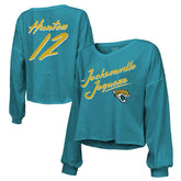 Travis Hunter Jacksonville Jaguars Majestic Threads Women's Name & Number Off-Shoulder Script Cropped Long Sleeve Relaxed V-Neck T-Shirt Teal