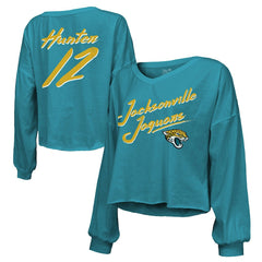 Travis Hunter Jacksonville Jaguars Majestic Threads Women's Name & Number Off-Shoulder Script Cropped Long Sleeve Relaxed V-Neck T-Shirt Teal