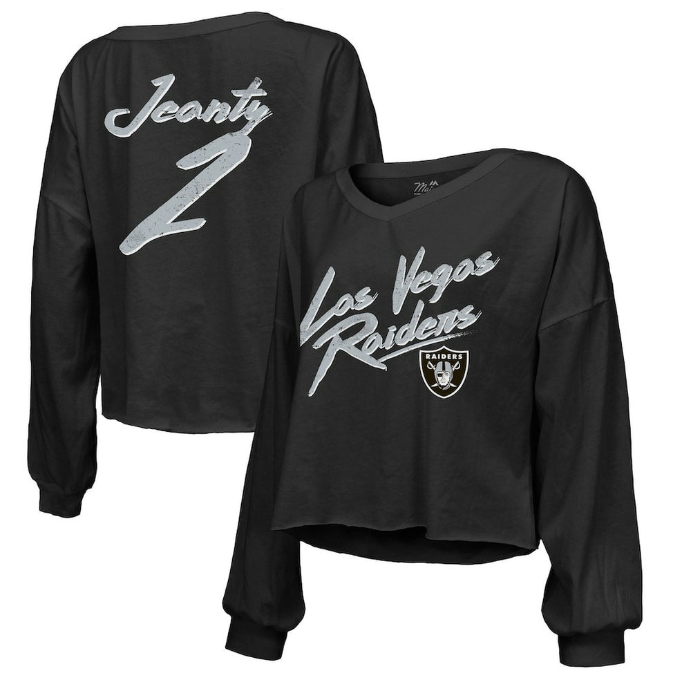Ashton Jeanty Las Vegas Raiders Majestic Threads Women's Name & Number Off-Shoulder Script Cropped Long Sleeve Relaxed V-Neck T-Shirt Black