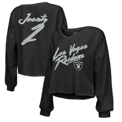 Ashton Jeanty Las Vegas Raiders Majestic Threads Women's Name & Number Off-Shoulder Script Cropped Long Sleeve Relaxed V-Neck T-Shirt Black