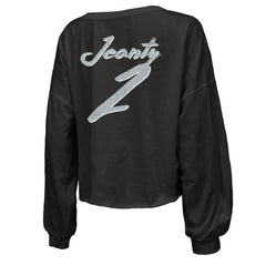 Ashton Jeanty Las Vegas Raiders Majestic Threads Women's Name & Number Off-Shoulder Script Cropped Long Sleeve Relaxed V-Neck T-Shirt Black