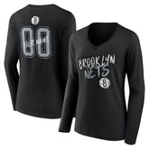 Brooklyn Nets Women's Hustle Custom Long Sleeve V-Neck T-Shirt Black